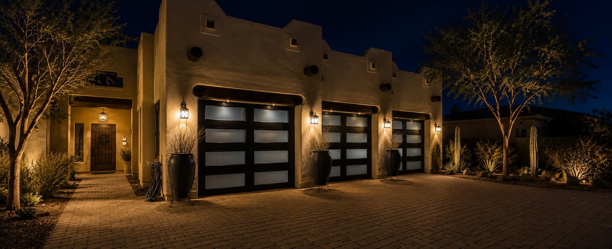 Garage Door Installation Gallery — Phoenix, AZ Modern glass-and-wood garage doors lit up at night on an Arizona adobe home, installed by Desert Spring Garage Door Repair