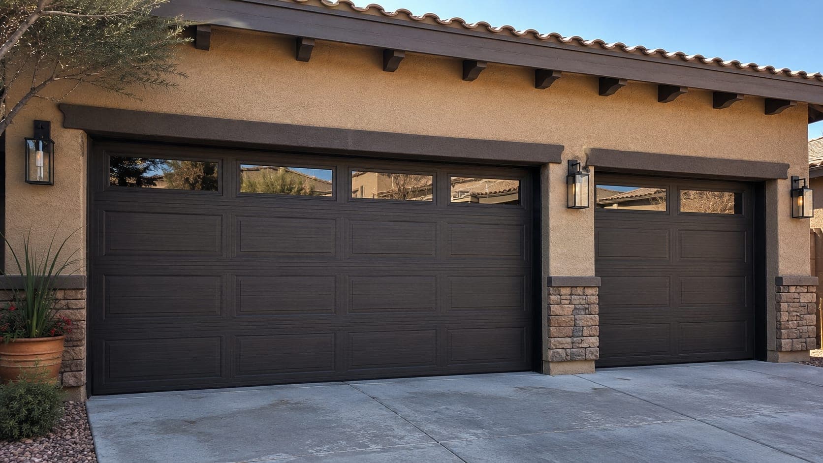 Desert Spring Garage Door Repair Reviews — Phoenix & the Valley New dark wood-look garage doors installed on an Arizona home by Desert Spring Garage Door Repair
