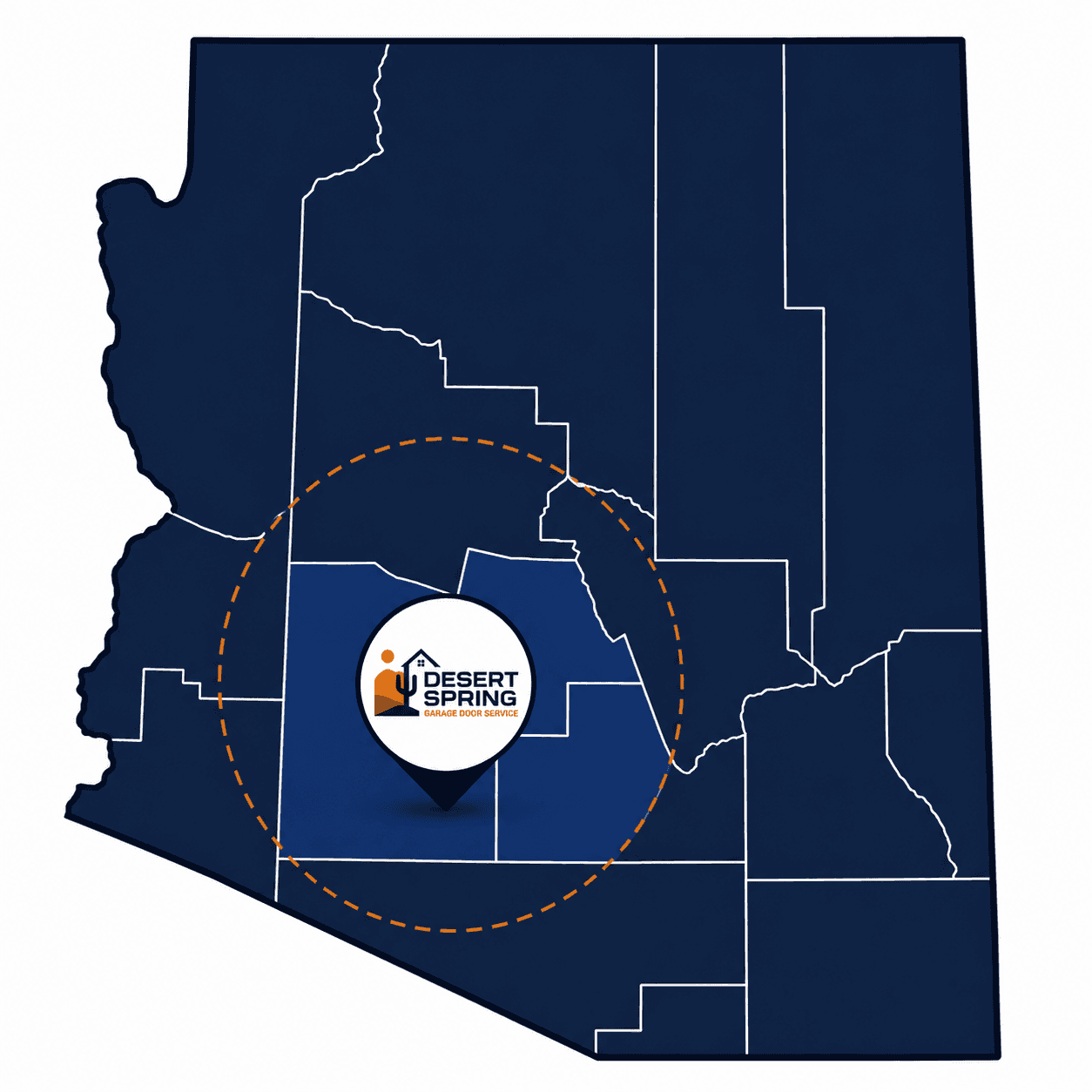 Map of Arizona highlighting the Phoenix Valley areas Desert Spring Garage Door Service covers, centered on our North Phoenix shop